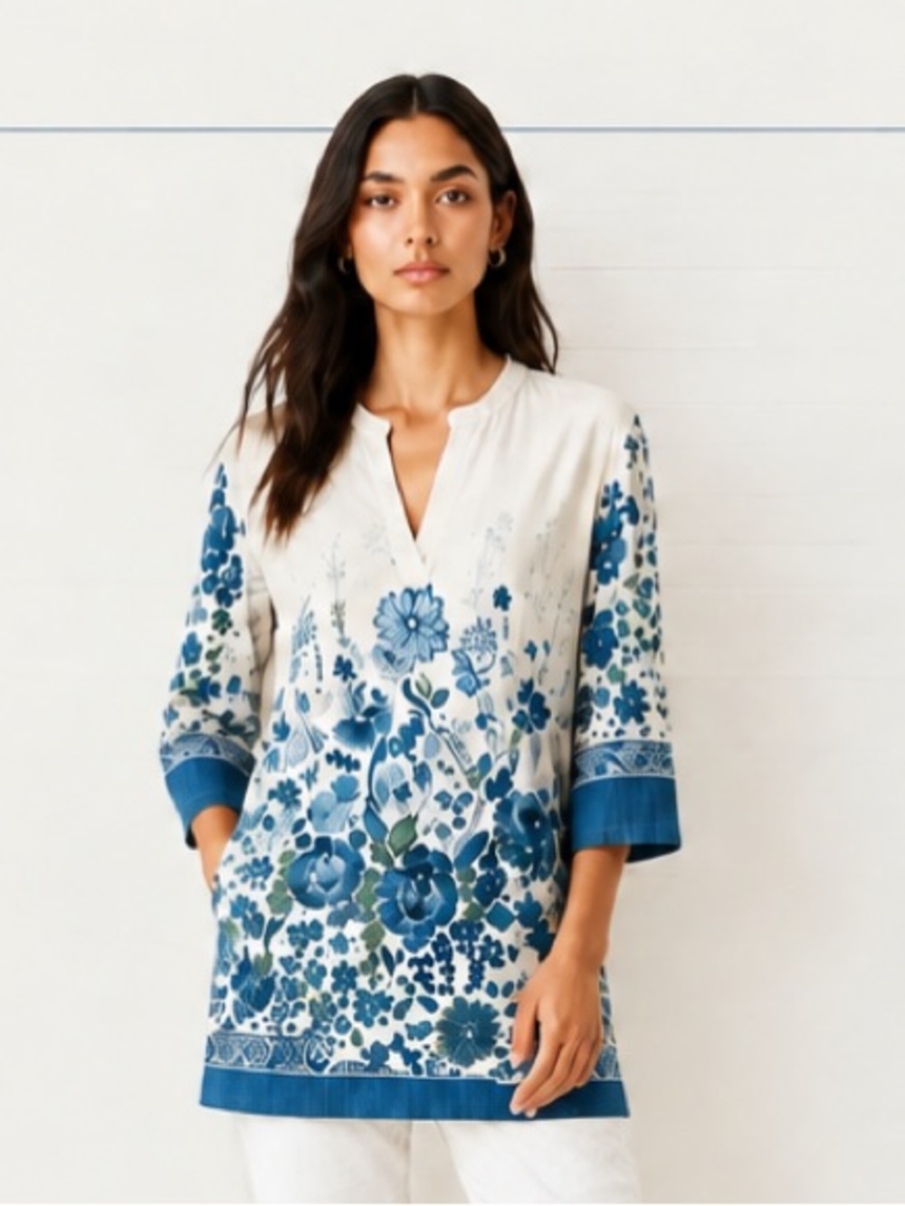 SOFT SURROUNDINGS Blouse Top Tunic Sheer Blue White V Neck 3/4 Sleeves